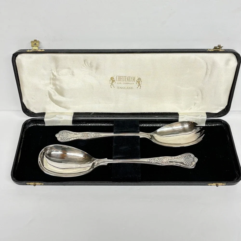 Sheffield Silver Plate Serving Spoons Salad Servers Box Kings England Vintage